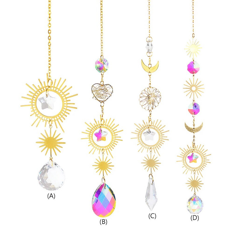 Aura Crystal Moonphase Suncatcher Langas Šviesos gaudyklė Prizmė Dangaus vaivorykštės kūrėjas Saulė, mėnulis ir žvaigždės Raganiška dovana namų dekoravimui