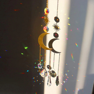 Crystal Moonphase Sun Catcher Stiklinis kabantis saulės gaudytojas pakabukas Rainbow Maker Ornamentas namų biuro sodo dekoravimui Dovana