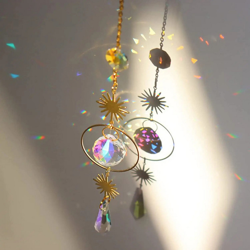 Crystal Moonphase Sun Catcher Stiklinis kabantis saulės gaudytojas pakabukas Rainbow Maker Ornamentas namų biuro sodo dekoravimui Dovana