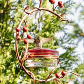 Hrănitor de colibri agățat cu fructe de pădure roșii din metal, adăpator de apă pentru păsări detașabil pentru exterior, curte, curte, grădină, curte