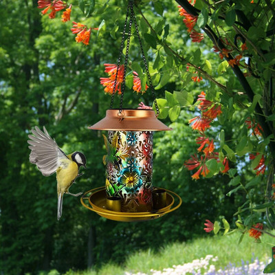 Solar Bird Feeder LED Lamp Hanging Bird Drinker Feeder IP55 Αδιάβροχος μεταλλικός δίσκος μπρούτζου Τροφοδότης πουλιών Εξωτερική/Διακόσμηση κήπου