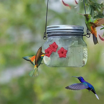 Κρεμαστός τροφοδότης κολιμπρί Εξωτερικός κήπος Τροφοδότης πουλιών Ποτής Διαφανές βάζο μασονών λουλούδι Διακόσμηση Πουλιά Αξεσουάρ Προμήθειες