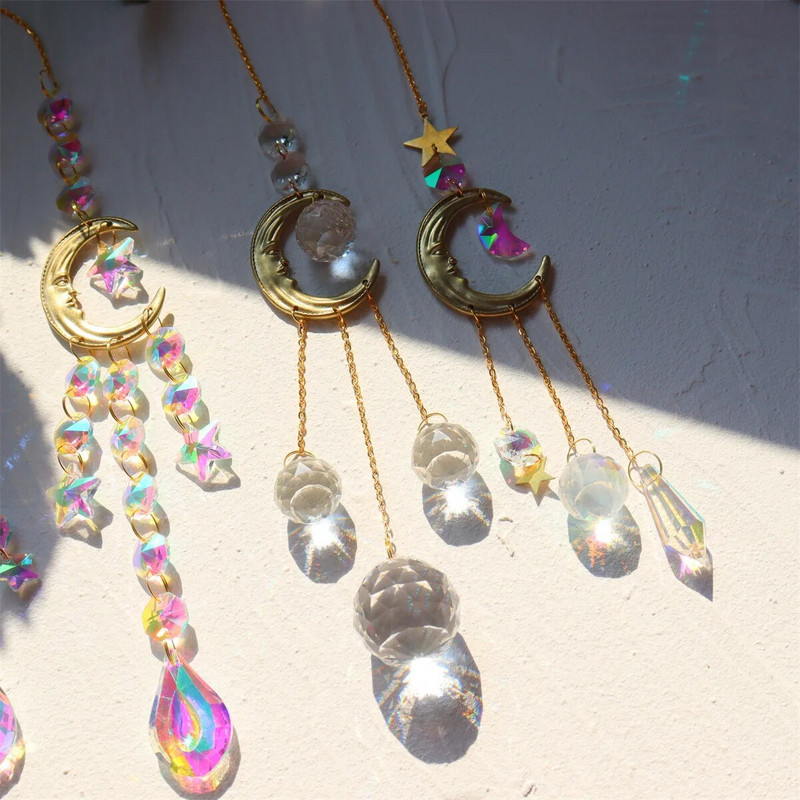 Catcher de soare de cristal Pandantiv Soare și Lună Curcubeu Chaser Prismă de sticlă Fereastră în aer liber Decorare pentru grădină de casă Agățat mașină 2023 Nou