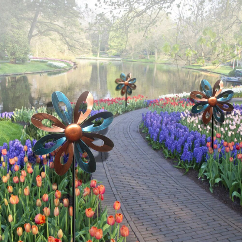 Dekoratyvinis ratukas lauko dekoras sodo vėjo malūnėlis žaislas sodo kuoliukas metalinis vėjo suktukas saulėgrąžų ornamentas