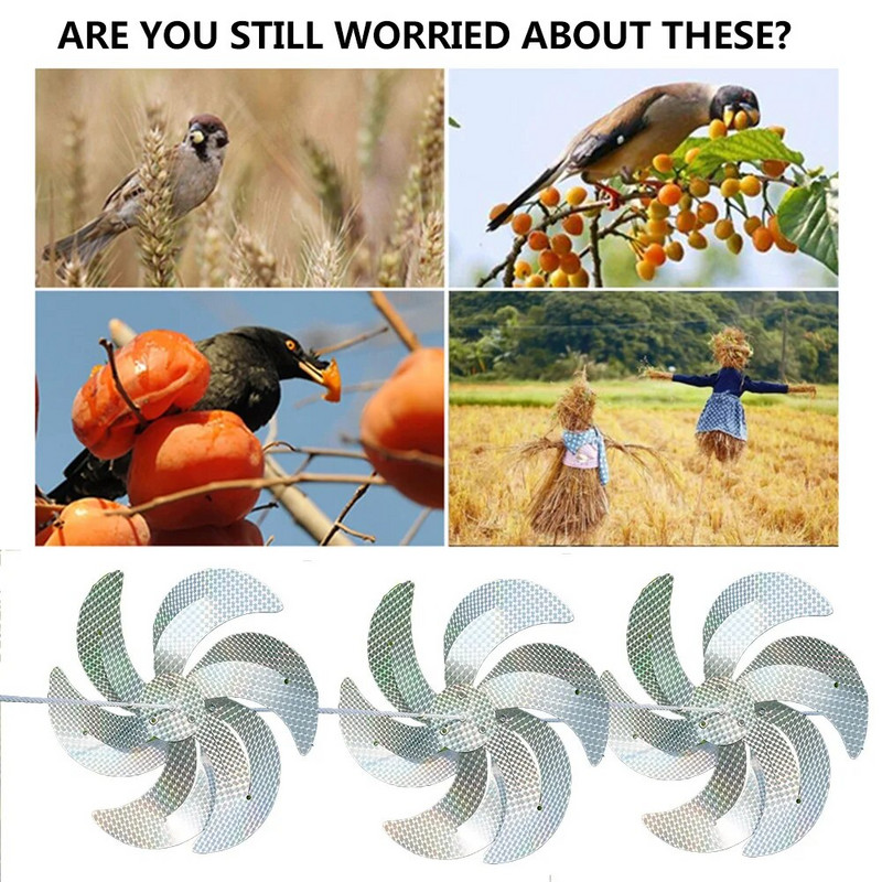 10M nuo paukščių lazerinis vėjo malūnas paukščių atbaidiklis vėjo malūnėlis, sidabrinis, atspindintis paukščių gąsdinimas, varomoji vėjo malūno styga