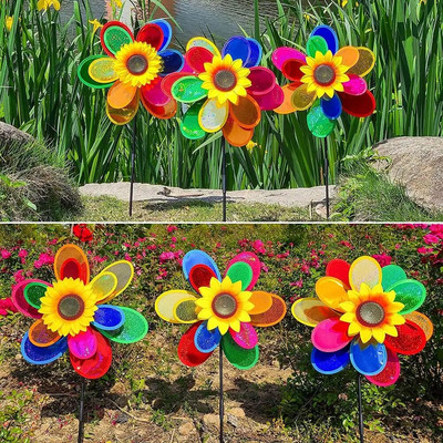 Moara de vânt în formă de floarea-soarelui cu două straturi Moara de vânt cu paiete colorate pentru decorare în aer liber