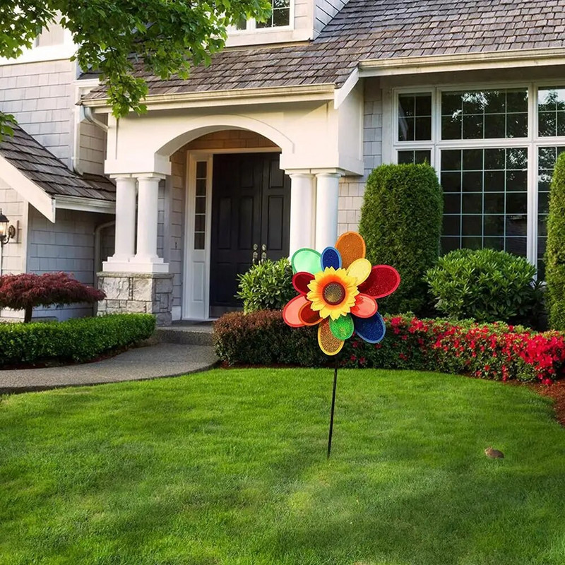 Kahekihiline päevalillekujuline tuuleveski paigutus Pinwheels Värviline litriga tuulik aiapargi välikaunistamiseks