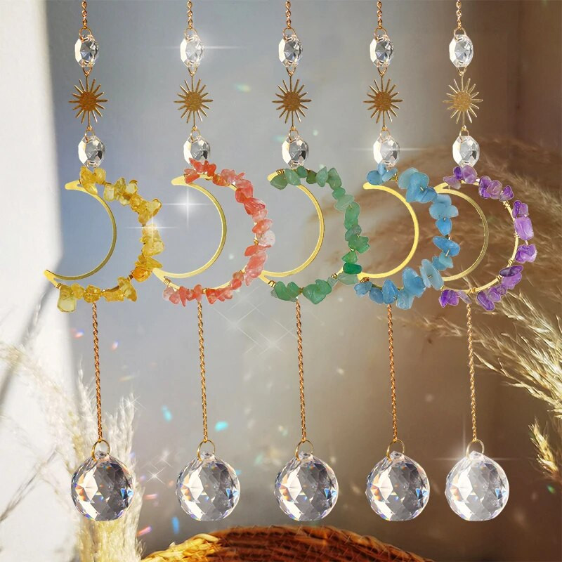 Saulės gaudyklė Ametistas Kabantis krištolinis pakabukas vėjo varpelis mėnulio šviesos gaudyklė čakros vitražas langas vėjo varpelis sodo dekoras