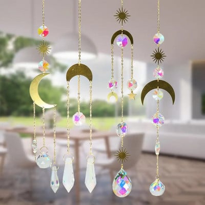 Moon Wind Chime Moon Sun Star Suncatcher Suncatcher Curcubeu Creator Cristal Wind Chimes Agatat pe perete Binecuvântare Protecție Decor Cadou