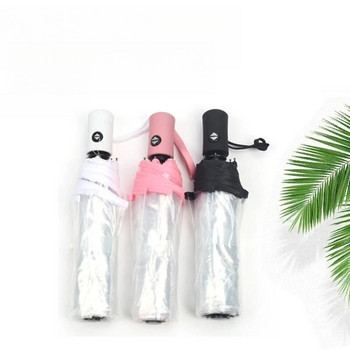 Напълно автоматичен прозрачен чадър Дамски сгъваем лек чадър за дъжд за пътуване на открито, плаж Издръжлив тройно сгъваем