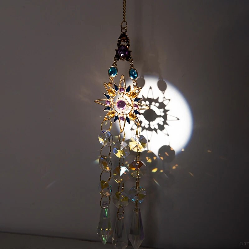 Ramadano saulės gaudyklė krištolinis pakabukas lango prizmės vaivorykštės vintažiniai vėjo varpeliai kabantys šviesos gaudyklės namų sodo amatų dekoravimas