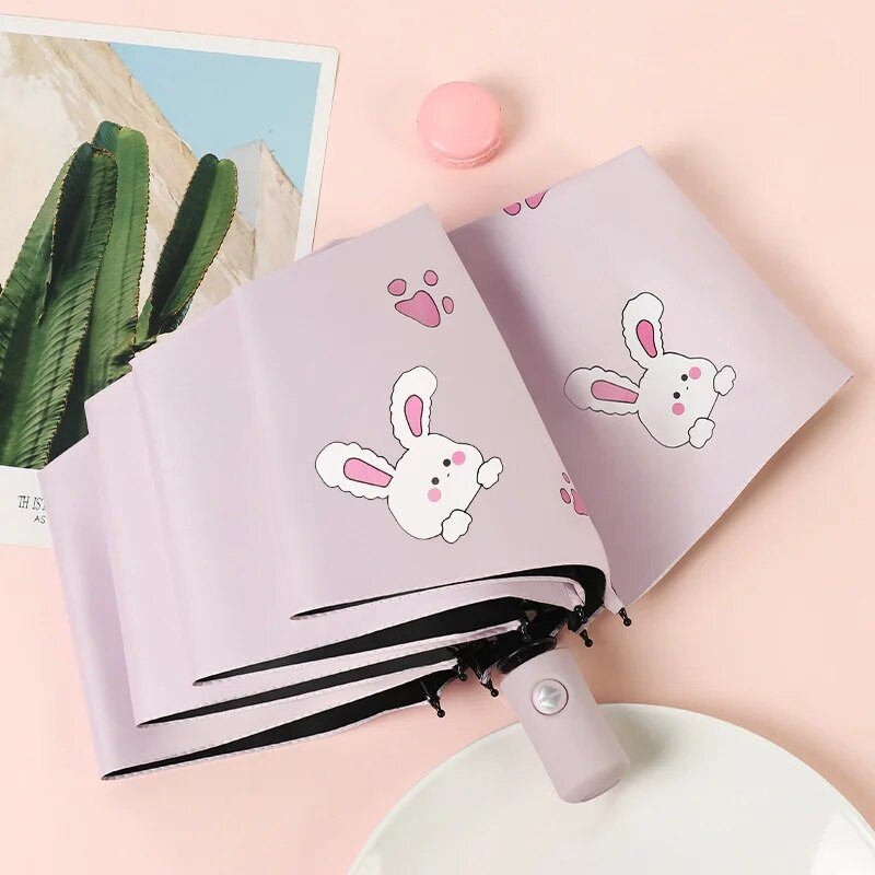 Slatki dječji kišobran, debelo crno ljepilo, potpuno automatski kišobran, zec, suncobran za dijete, učenike, vodootporne UV kišobrane otporne na sunce