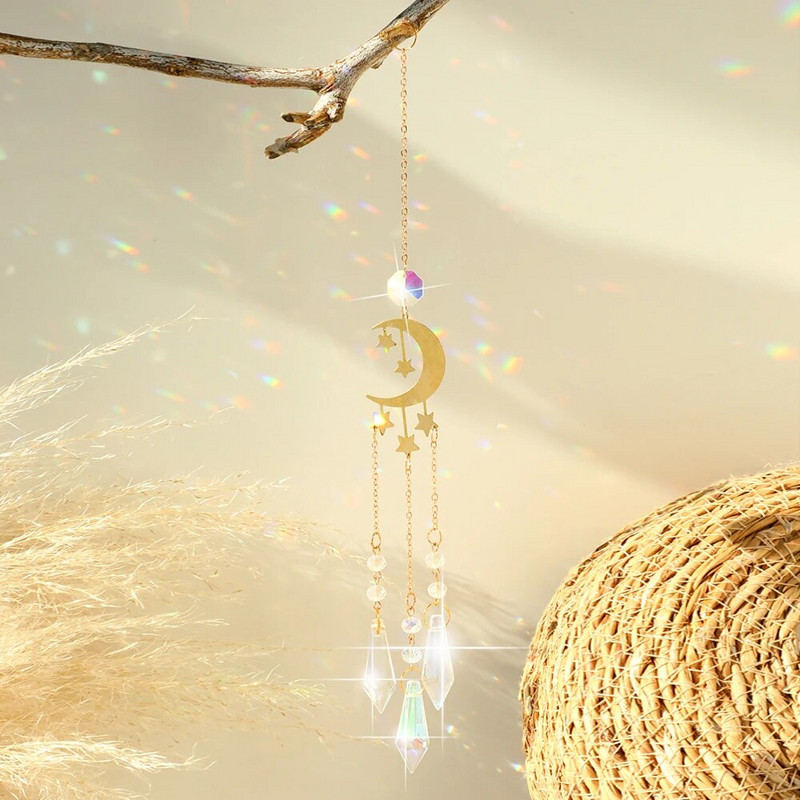 Mėnulio krištolo vaivorykštės saulės gaudyklė lango sodo papuošalai vitražo prizmės stiklo saulės gaudyklė lauke kabantys krištoliniai papuošimai