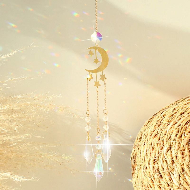 Mėnulio krištolo vaivorykštės saulės gaudyklė lango sodo papuošalai vitražo prizmės stiklo saulės gaudyklė lauke kabantys krištoliniai papuošimai