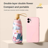 Mini umbrelă de soare cu două straturi, cu flori duble, pentru femei, stil desenat manual, pliabilă mică, rezistentă la UV, protecție solară, rezistentă la apă