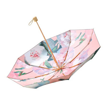Мини двуслоен чадър за слънце с двойни цветя за жени, ръчно рисуван стил, малък сгъваем, UV слънцезащитен, слънцезащитен, водоустойчив