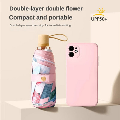 Mini kahekihiline kahe lilleline päikesevari naistele, käsitsi joonistatud, väike kokkupandav, UV päikesekindel, päikesekaitsekreem, veekindel