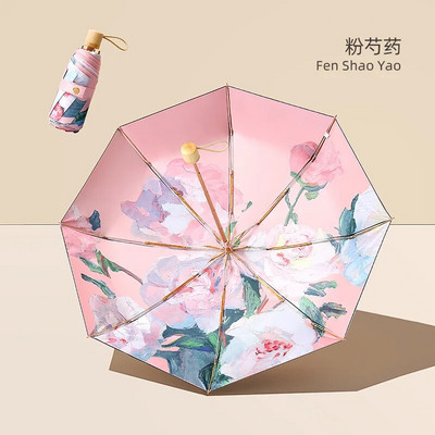 Mini umbrelă de soare cu două straturi, cu flori duble, pentru femei, stil desenat manual, pliabilă mică, rezistentă la UV, protecție solară, rezistentă la apă