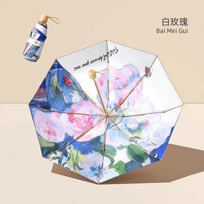 Mini umbrelă de soare cu două straturi, cu flori duble, pentru femei, stil desenat manual, pliabilă mică, rezistentă la UV, protecție solară, rezistentă la apă