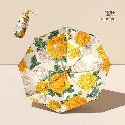 Mini umbrelă de soare cu două straturi, cu flori duble, pentru femei, stil desenat manual, pliabilă mică, rezistentă la UV, protecție solară, rezistentă la apă