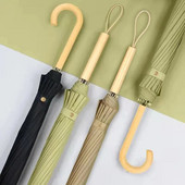 16 Rebra Duga ručka Svježi ravni kišobran Automatski reklamni kišobran Drvena crna kožna ručka boje kave