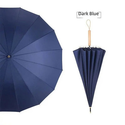 16 Rebra Duga ručka Svježi ravni kišobran Automatski reklamni kišobran Drvena crna kožna ručka boje kave