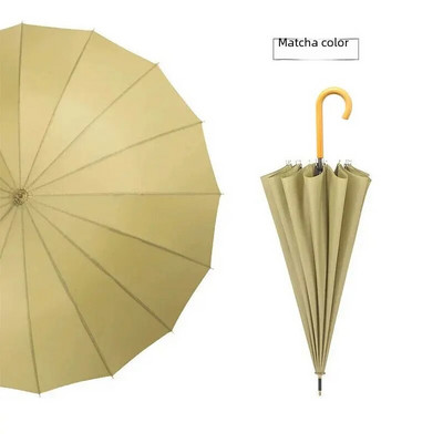 16 Rebra Duga ručka Svježi ravni kišobran Automatski reklamni kišobran Drvena crna kožna ručka boje kave