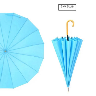 16 Rebra Duga ručka Svježi ravni kišobran Automatski reklamni kišobran Drvena crna kožna ručka boje kave