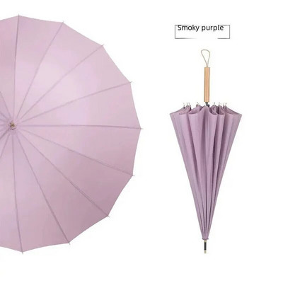 16 Rebra Duga ručka Svježi ravni kišobran Automatski reklamni kišobran Drvena crna kožna ručka boje kave