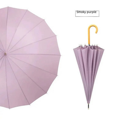 16 Rebra Duga ručka Svježi ravni kišobran Automatski reklamni kišobran Drvena crna kožna ručka boje kave