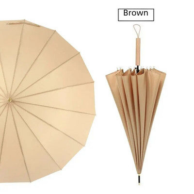 16 Rebra Duga ručka Svježi ravni kišobran Automatski reklamni kišobran Drvena crna kožna ručka boje kave