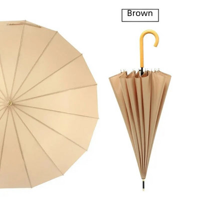 16 Rebra Duga ručka Svježi ravni kišobran Automatski reklamni kišobran Drvena crna kožna ručka boje kave