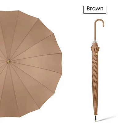 16 Rebra Duga ručka Svježi ravni kišobran Automatski reklamni kišobran Drvena crna kožna ručka boje kave