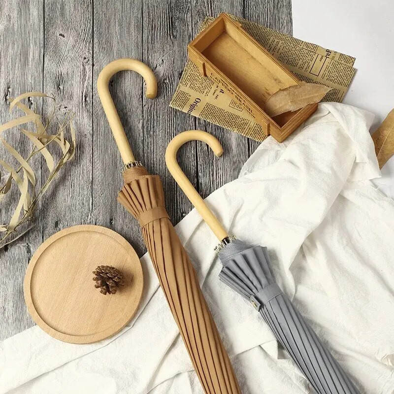 16 Rebra Duga ručka Svježi ravni kišobran Automatski reklamni kišobran Drvena crna kožna ručka boje kave