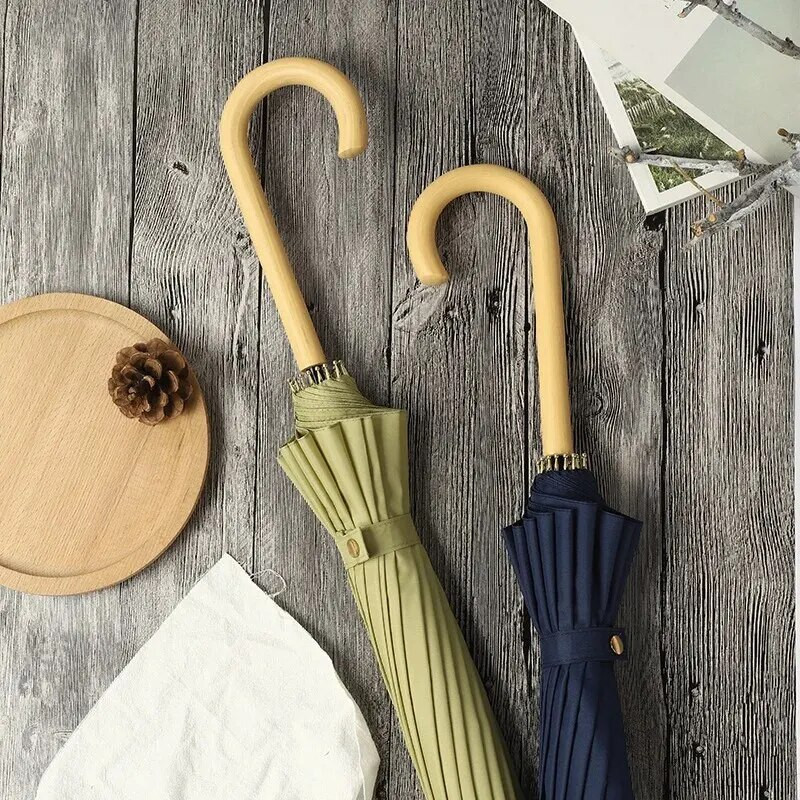 16 Rebra Duga ručka Svježi ravni kišobran Automatski reklamni kišobran Drvena crna kožna ručka boje kave