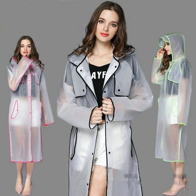 New Fashion EVA Women Poncho With Hat Ladies Waterproof Long Translucent Raincoat Adults Rain Coat