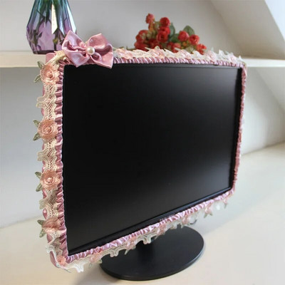 2023 New Lace Fabric Computer Frame Cover Monitor Screen Dust Cover with Elastic Pen Pocket Bow Home Decorations