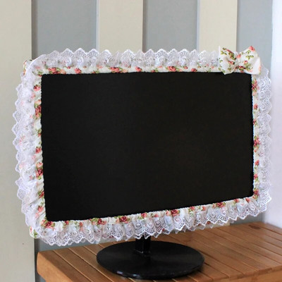 Lace Fabric Computer Frame Cover Monitor Screen Dust Cover with Elastic Pen Pocket Bow Home Decorations