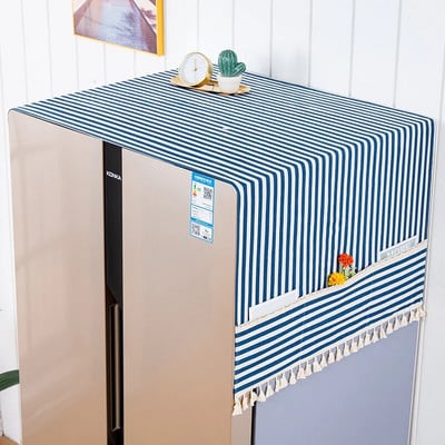 Stripe Refrigerator Dust Cover with Pocket 70x170cm Dustproof Refrigerator Towel with Tassels Washing Machine Cover Organizer