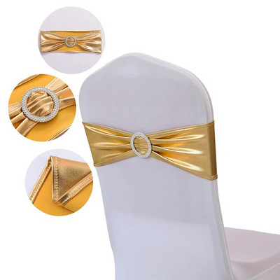 Στολισμός γάμου Spandex Καρέκλες Γυαλιστερό μεταλλικό χρυσό ασημένιο φιόγκο με στρογγυλή αγκράφα για πάρτι γενεθλίων Ξενοδοχείο πολυτελές συμπόσιο