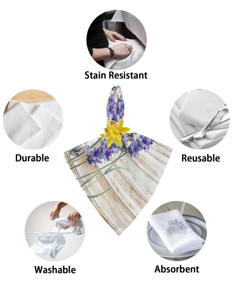 Violetinės gėlės, levandų medžio grūdų audinio servetėlės stalo dekoravimui Virtuvės vakarienei Daugkartinio naudojimo stalo servetėlės vestuvių dekoravimui