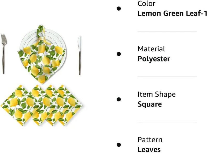2vnt citrinos žalių lapų dažymo medžiaginės servetėlės vestuvių dekoravimui, plaunamos daugkartinio naudojimo stalo servetėlės, skirtos šventinių vakarėlių stalo dekoravimui
