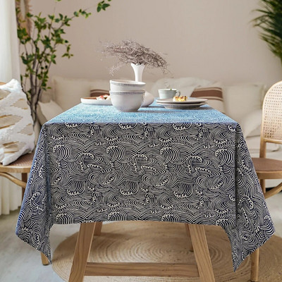 Față de masă din bumbac în stil japonez, lavabilă, dreptunghiulară, albastru, ondulat de mare, acasă, masă de cafea, capac pentru cuptor cu microunde
