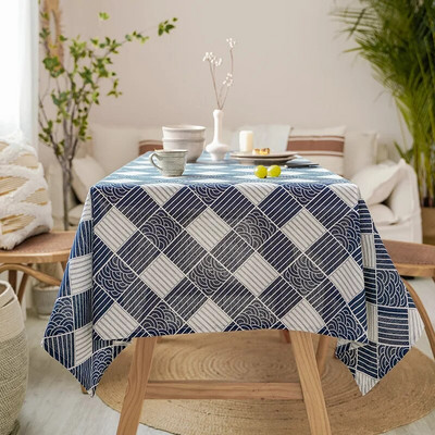 Față de masă din bumbac în stil japonez, lavabilă, dreptunghiulară, albastru, ondulat de mare, acasă, masă de cafea, capac pentru cuptor cu microunde