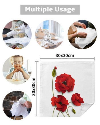 Κόκκινο λουλούδι Poppy Λευκό υφασμάτινο χαρτοπετσέτες Μαλακό μαντήλι Διακόσμηση δείπνου γαμήλιου συμποσίου Επαναχρησιμοποιούμενες επιτραπέζιες χαρτοπετσέτες Προμήθειες για πάρτι