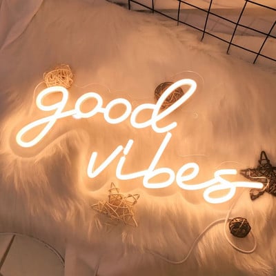 Semn cu neon Semn cu led Good Vibes Lumini cu neon Lămpi calde pentru decorarea nunții Lămpi de perete agățate Led de noapte Decorare dormitor Decor camere