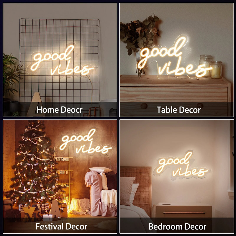 Neoniniai šviestuvai Led Sign Good Vibes Neoniniai žibintai Šiltas vestuvių dekoras Šviestuvai Sieniniai LED naktiniai šviestuvai Miegamojo apdaila Kambario dekoras