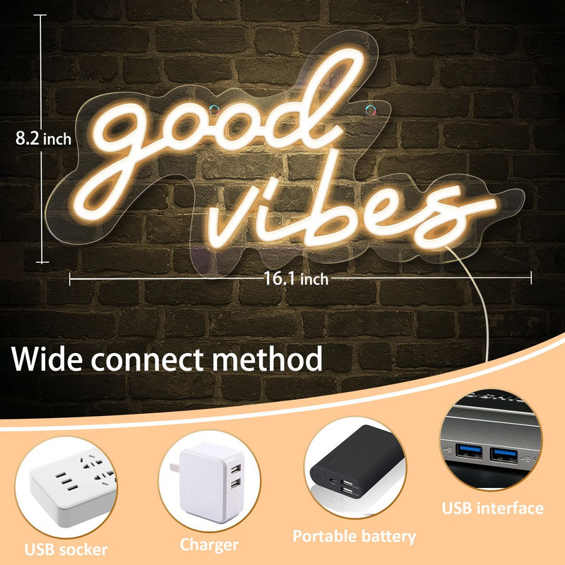Neoniniai šviestuvai Led Sign Good Vibes Neoniniai žibintai Šiltas vestuvių dekoras Šviestuvai Sieniniai LED naktiniai šviestuvai Miegamojo apdaila Kambario dekoras