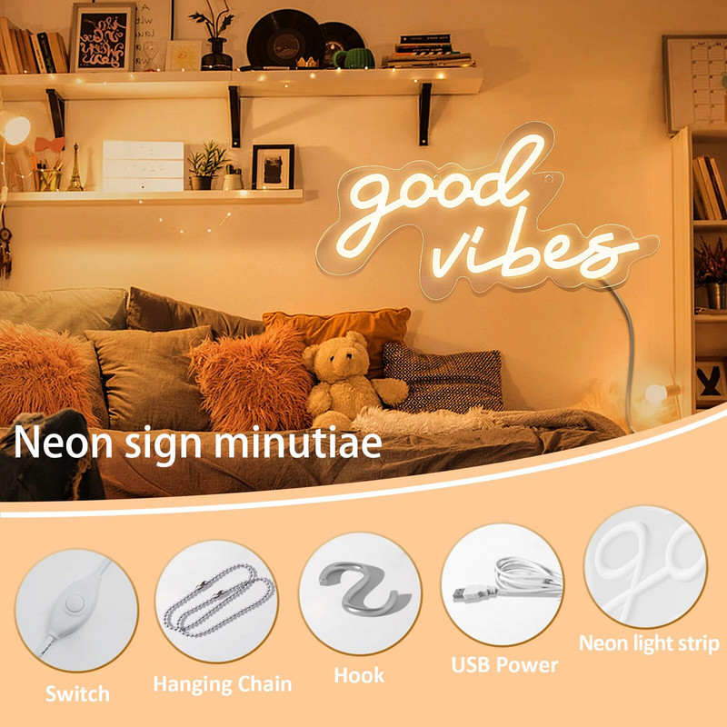 Neoniniai šviestuvai Led Sign Good Vibes Neoniniai žibintai Šiltas vestuvių dekoras Šviestuvai Sieniniai LED naktiniai šviestuvai Miegamojo apdaila Kambario dekoras