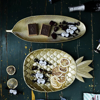 Скандинавски декоративен поднос Златен ананас във формата на листа от ананас Поднос за сервиране Палета за бижута Плодова закуска Ястие Декорация на маса Органайзер за съхранение